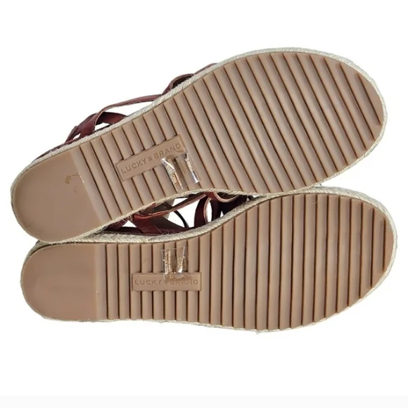 Lucky Brand Espadrille Sandals Womens Brown Leather Size 8.5 Boho Prairie Wedge - Picture 11 of 13
